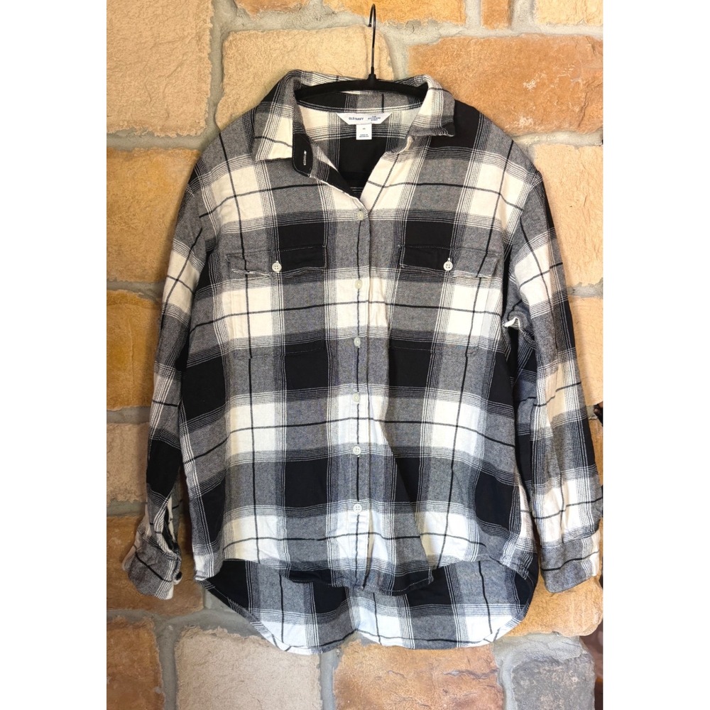 Old Navy The Boyfriend Shirt Black White Plaid Flannel Button Down Womens Medium
